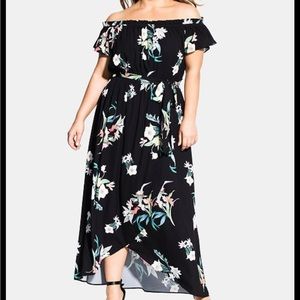 City Chic Women's Plus Size 14W Lotus Tie Floral Off Shoulder Maxi Dress Black